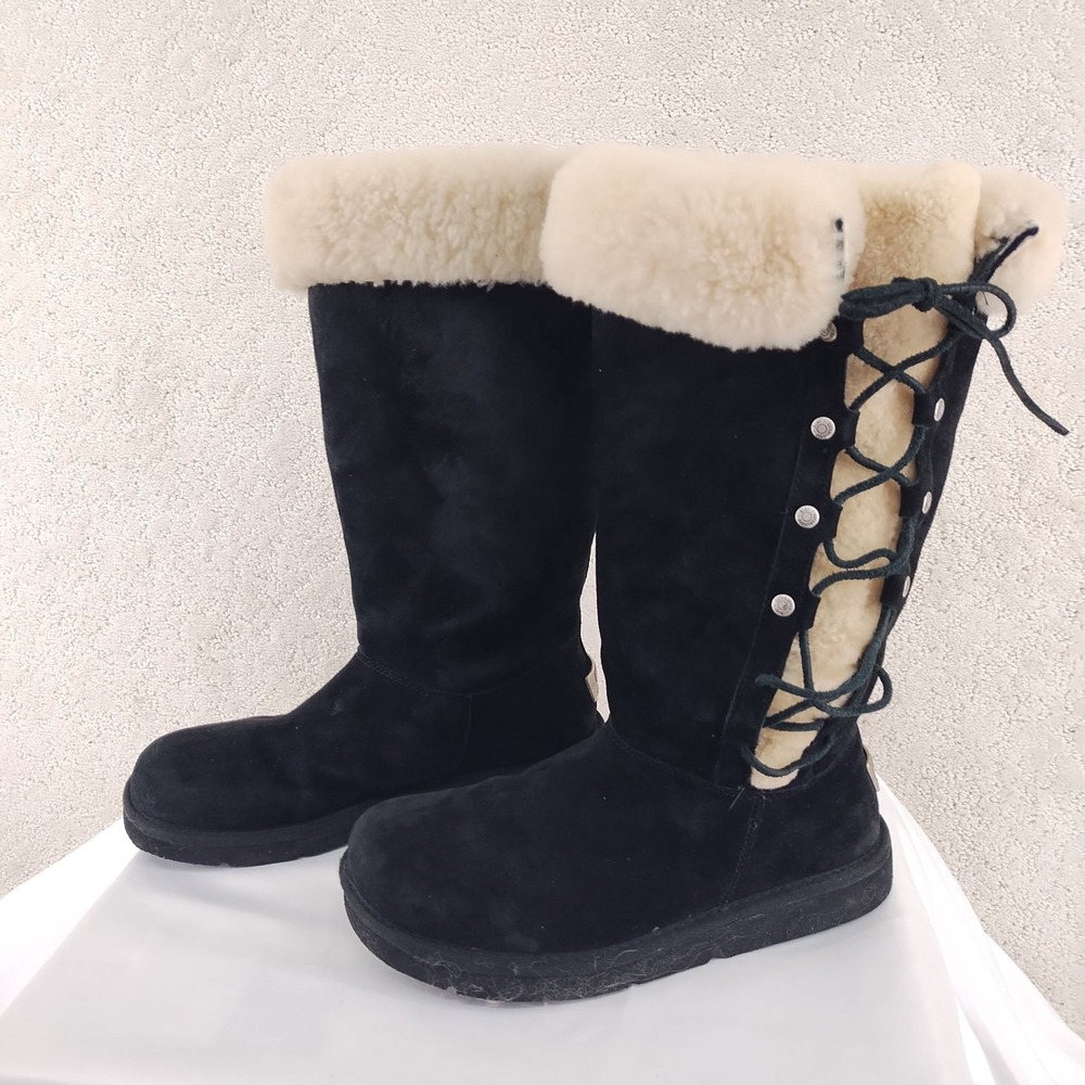 UGG Boots Womens Black Suede Shearling Lace Back Tall Winter Cozy Warm Fur Cuff